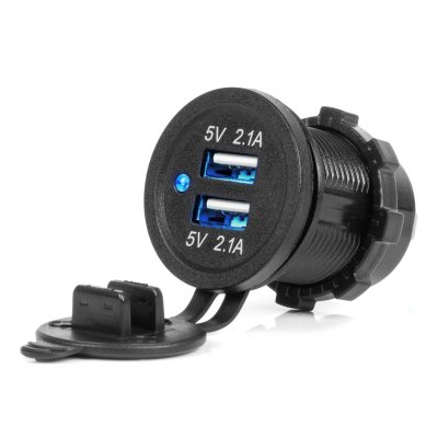 Vandtæt telefonoplader med BLÅ LED-indikator 4.2A 2xUSB 12/24V AMIO-04217