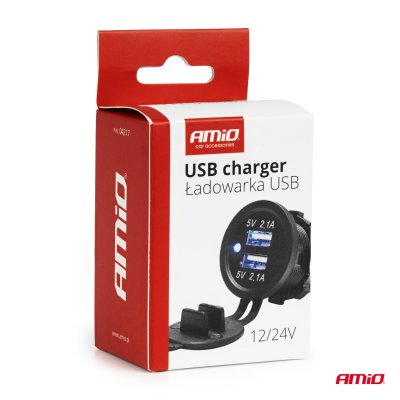 Vandtæt telefonoplader med BLÅ LED-indikator 4.2A 2xUSB 12/24V AMIO-04217