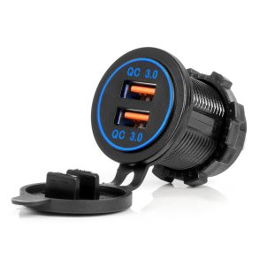 Vandtæt telefonoplader med BLÅ LED-bagbelysning 2xUSB QC3.0 12/24V AMIO-04218