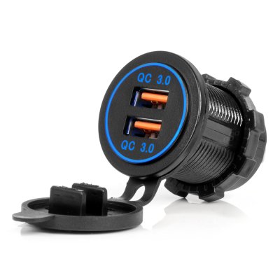 Vandtæt telefonoplader med BLÅ LED-bagbelysning 2xUSB QC3.0 12/24V AMIO-04218