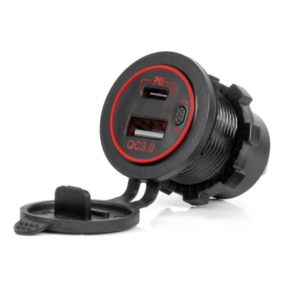 Vandtæt Telefonoplader med RØD LED Baggrundsbelysning 2xUSB QC3.0 12/24V AMIO-04221