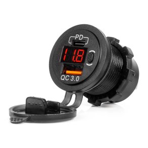 Vandtæt telefonoplader med switch RØD LED indikator Digital voltmeter USB + USB C QC3.0 12/24V AMIO-04222