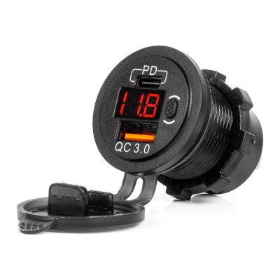 Vandtæt telefonoplader med switch RØD LED indikator Digital voltmeter USB + USB C QC3.0 12/24V AMIO-04222