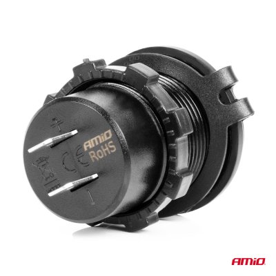 Vandtæt telefonoplader med switch RØD LED indikator Digital voltmeter USB + USB C QC3.0 12/24V AMIO-04222