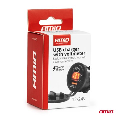 Vandtæt telefonoplader med switch RØD LED indikator Digital voltmeter USB + USB C QC3.0 12/24V AMIO-04222