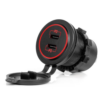 Vandtæt Telefonoplader med RØD LED Baglys 2xUSB C 12/24V AMIO-04223