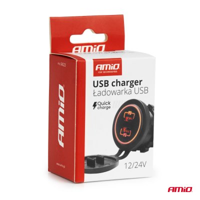 Vandtæt Telefonoplader med RØD LED Baglys 2xUSB C 12/24V AMIO-04223