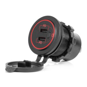 Vandtæt Telefonoplader med Kontakt RØD LED Baggrundsbelysning 2xUSB C 12/24V AMIO-04224