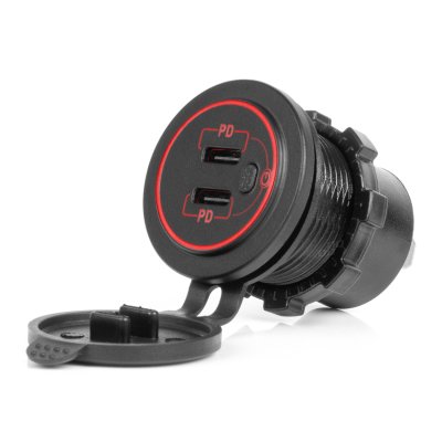 Vandtæt Telefonoplader med Kontakt RØD LED Baggrundsbelysning 2xUSB C 12/24V AMIO-04224