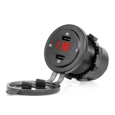 Vandtæt telefonoplader med RØD LED indikator digital voltmeter 2xUSB C 12/24V AMIO-04225