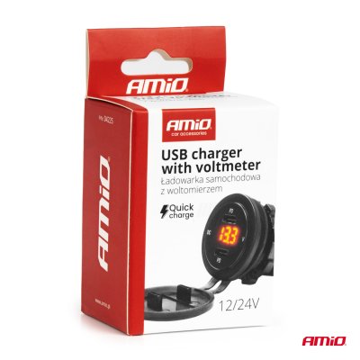 Vandtæt telefonoplader med RØD LED indikator digital voltmeter 2xUSB C 12/24V AMIO-04225
