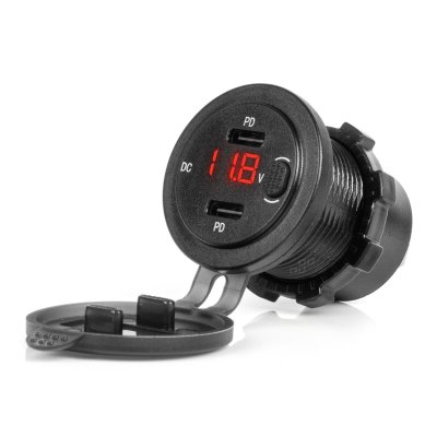 Vandtæt Telefonoplader med Tænd/sluk RØD LED Indikator Digital Voltometer 2xUSB C 12/24V AMIO-04226