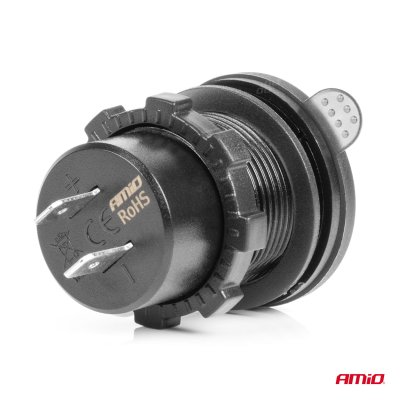 Vandtæt Telefonoplader med Tænd/sluk RØD LED Indikator Digital Voltometer 2xUSB C 12/24V AMIO-04226