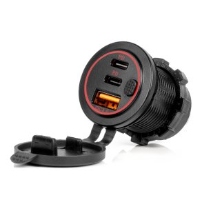 Vandtæt telefonlader med kontakt RØD LED baggrundsbelysning USB + 2xUSB C QC3.0 12/24V AMIO-04227