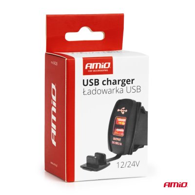 Bådformet vandtæt telefonoplader med RØD LED baggrundslys 2xUSB 12/24V AMIO-04228