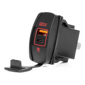 Bådformet vandtæt telefonoplader med RØD LED-baggrundsbelysning USB + USB C QC3.0 12/24V AMIO-04229