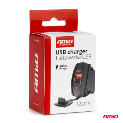 Bådformet vandtæt telefonoplader med RØD LED-baggrundsbelysning USB + USB C QC3.0 12/24V AMIO-04229