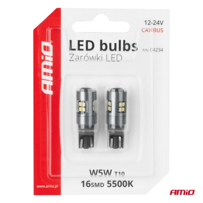 LED CANBUS T10 W5W 16SMD 2016 Hvide pærer 12V/24V AMIO-04234