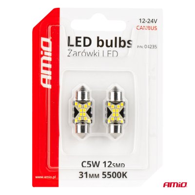 LED CANBUS pærer 12SMD Festoon C5W 2016 31mm Hvid 12/24V AMIO-04235