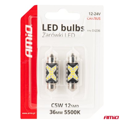 LED CANBUS pærer 12SMD Festoon C5W 2016 36mm Hvid 12/24V AMIO-04236