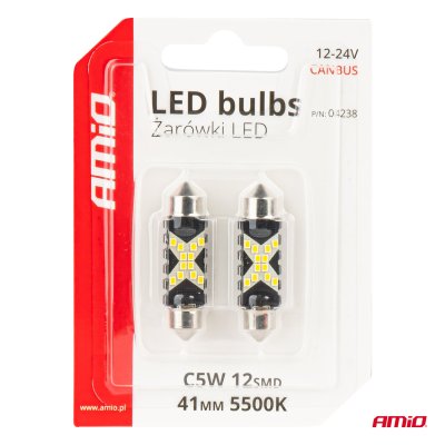 LED CANBUS pærer 12SMD Festoon C5W 2016 41mm Hvid 12/24V AMIO-04238