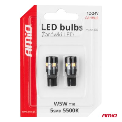 LED pærer CANBUS T10 W5W 5SMD 3030 Hvid 12V 24V AMIO-04239
