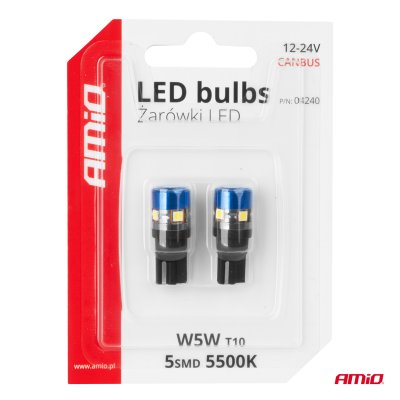 LED-pærer CANBUS T10 W5W 5SMD 3030 Hvid 12V 24V AMIO-04240