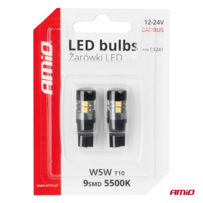 LED pærer CANBUS T10 W5W 9 SMD 3030 Hvid 12V 24V AMIO-04241