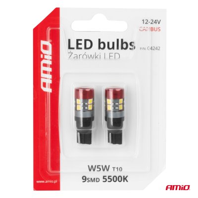 LED pærer CANBUS T10 W5W 9 SMD 3030 Hvid 12V 24V AMIO-04242