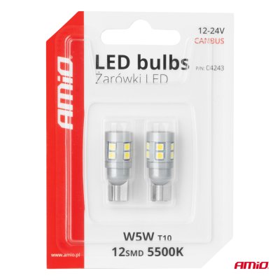 LED pærer CANBUS T10 W5W 12 SMD 3030 Hvid 12V 24V AMIO-04243
