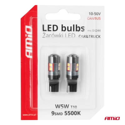 LED pærer CANBUS T10 W5W 9 SMD 3030 Hvid 12V 24V 36V 48V AMIO-04244