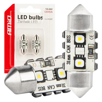 LED CANBUS pærer 12SMD Festoon C5W 3838 31mm Hvid 12/24V AMIO-04247