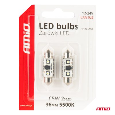LED CANBUS pærer 12SMD Festoon C5W 3838 36mm Hvid 12/24V AMIO-04248