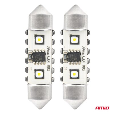 LED CANBUS pærer 12SMD Festoon C5W 3838 39mm Hvid 12/24V AMIO-04249
