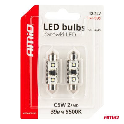 LED CANBUS pærer 12SMD Festoon C5W 3838 39mm Hvid 12/24V AMIO-04249