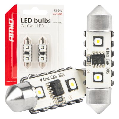 LED CANBUS pærer 12SMD Festoon C5W 3838 41mm Hvid 12/24V AMIO-04250