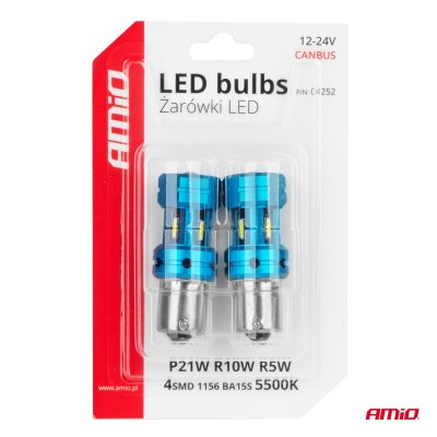 CANBUS LED-pærer 1156 BA15S P21W R10W R5W 4SMD 1860 Hvid 12V 24V AMIO-04252