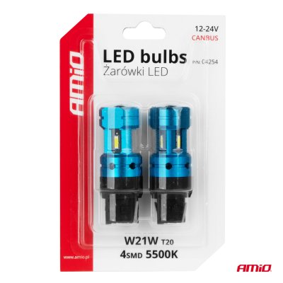 LED-pærer CANBUS T20 7440 W21W 4SMD 1860 Hvid 12V 24V AMIO-04254