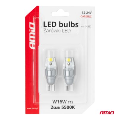 LED CANBUS T15 W16W 2SMD 3570 Hvid 12V 24V pærer AMIO-04257