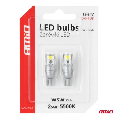 LED pærer CANBUS T10 W5W 2SMD 3570 Hvid 12V 24V AMIO-04256
