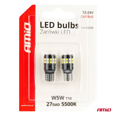 LED CANBUS pærer T10 W5W 27SMD 2016 Hvid 12V/24V AMIO-04258