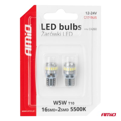 LED pærer CANBUS T10 W5W 16SMD 2SMD 3014 3030 Hvid 12V 24V AMIO-04260