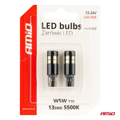 LED CANBUS pærer T10 W5W 13SMD 3030 Hvid 12V/24V AMIO-04259