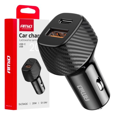 Biloplader QC+PD 20W USB-A + USB-C AMIO-04282