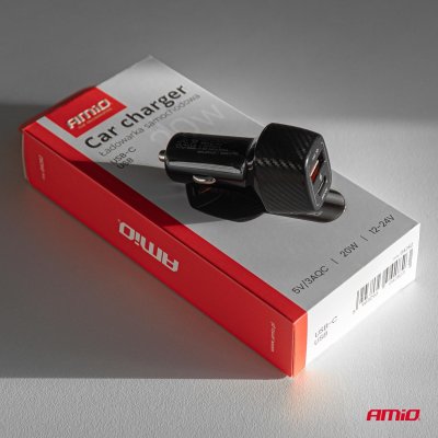 Biloplader QC+PD 20W USB-A + USB-C AMIO-04282