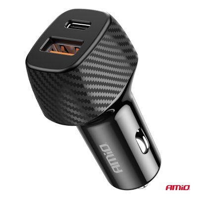 Biloplader QC+PD 20W USB-A + USB-C AMIO-04282