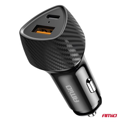 Biloplader QC+PD 38W USB-A + USB-C AMIO-04283