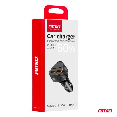 Biloplader 50W 2xUSB-A + 2xUSB-C AMIO-04284