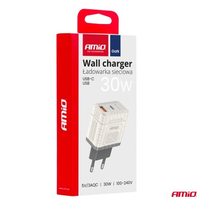 Vægoplader Quick Charge GaN 30W USB-A + USB-C AMIO-04286