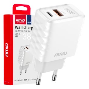 Vægoplader Hurtigoplader GaN 38W USB-A + USB-C AMIO-04287